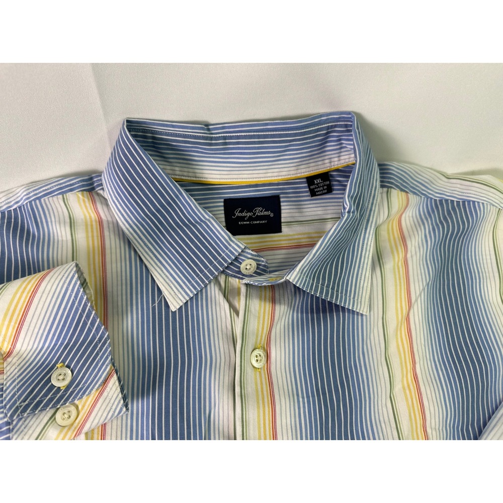 Indigo Palms Striped Button Down Shirt Colorful Casual‎ Sz 2XL Mens Cotton Macau